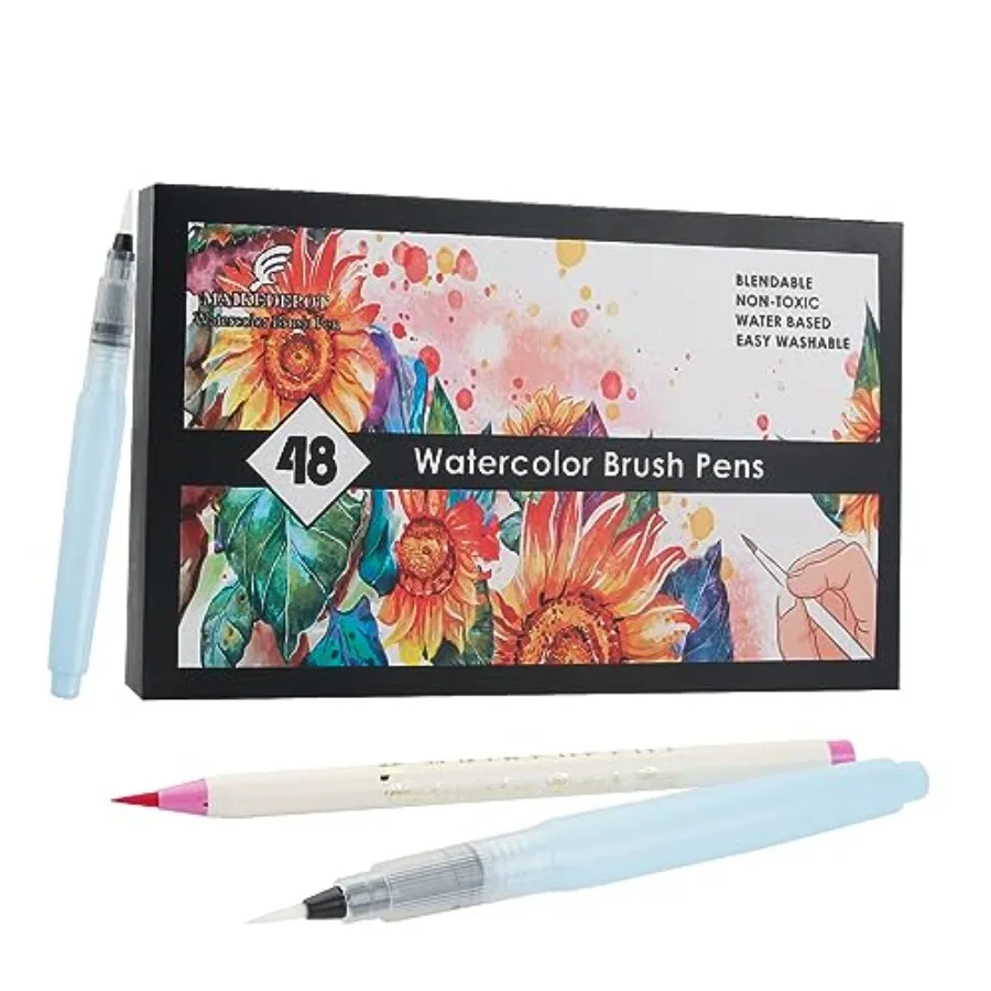 

Watercolor Pens, Set of 48, Real Brush Pens Watercolor Markers and 2 Water Brush, Online Tutorial Video for Coloring Books, Cal