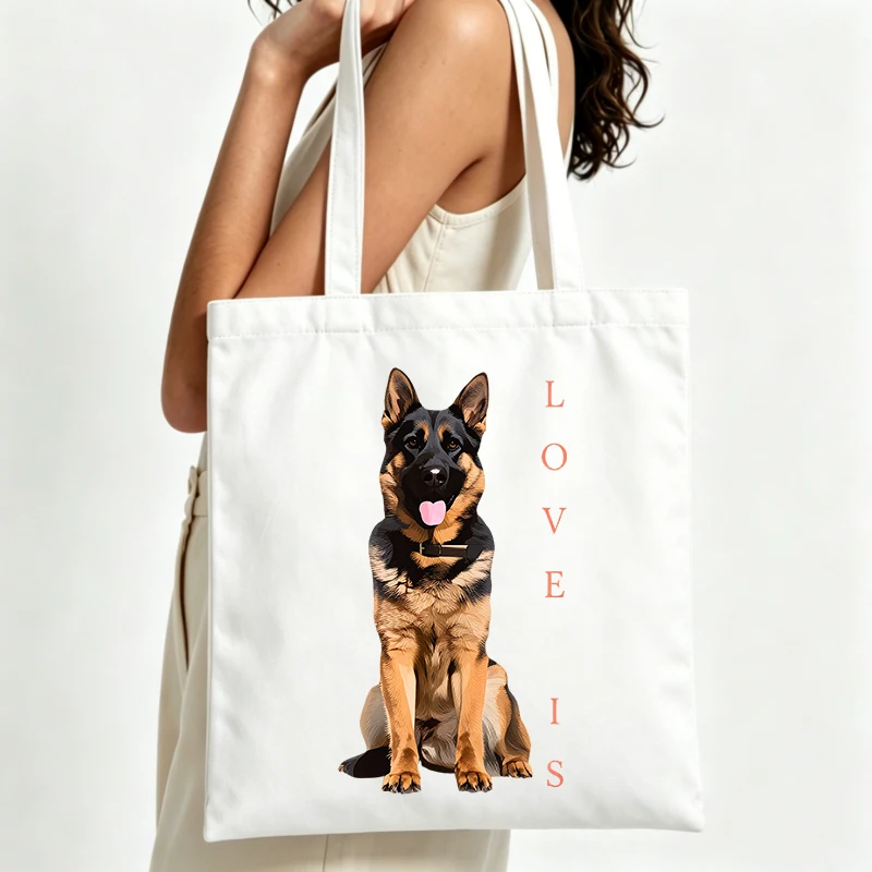 German Shepherd graphic canvas tote bag with letter print, ideal for casual daily use and shopping outings