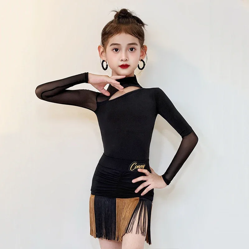 Children Latin Dance Clothes 2025 Black Fringe Performance Costume Long Sleeve Leotard Skirt Set ChaCha Samba Training Wear