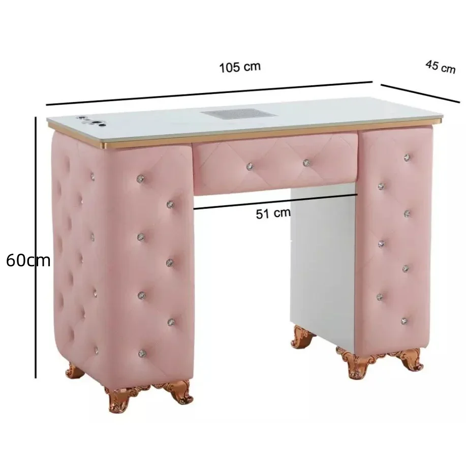 Manicure Table Nail Station Marble Top Desk with nail table lamp, Pink nail tech table with Tufted Cushion and PU