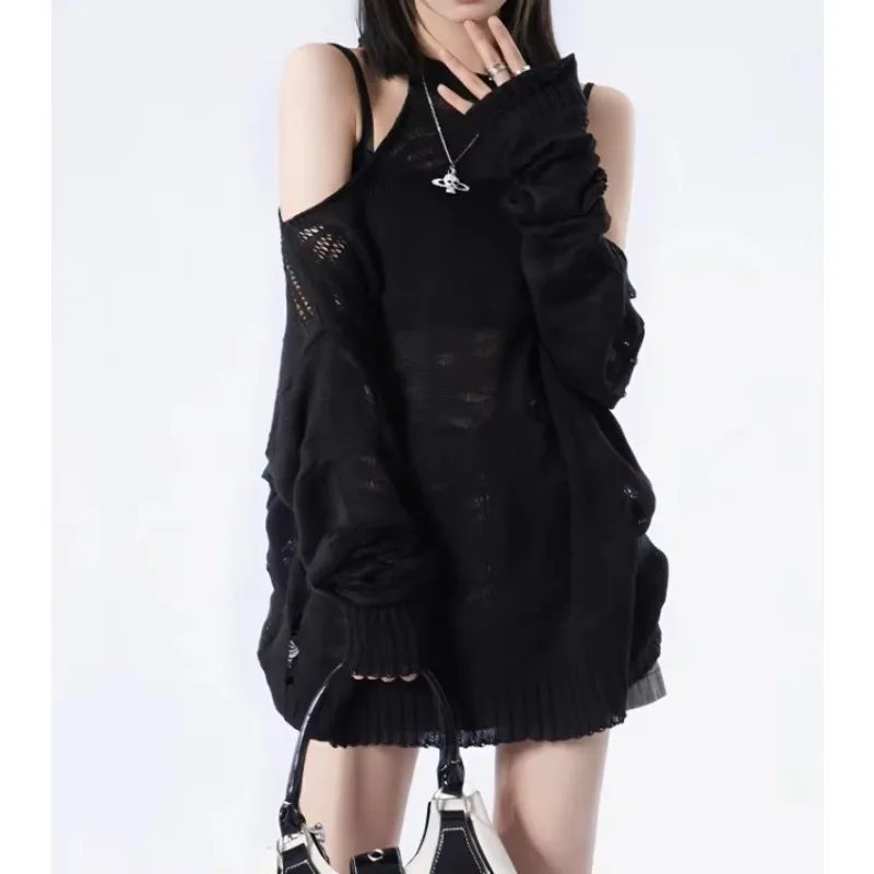Black Loose Women Sweaters Y2k Clothing Aesthetic Hollow Out Thin Pullovers Summer Long Sleeve Fashion Kniited Tops Sexy