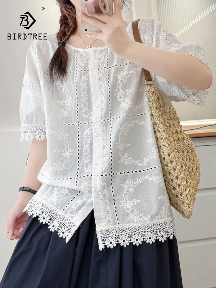 

New 2025 Summer Cotton Short Sleeve Shirt, Women O Neck Embroidery Hollow Out, Mori Girl Simplicity Casual Loose Blouse T55822CC