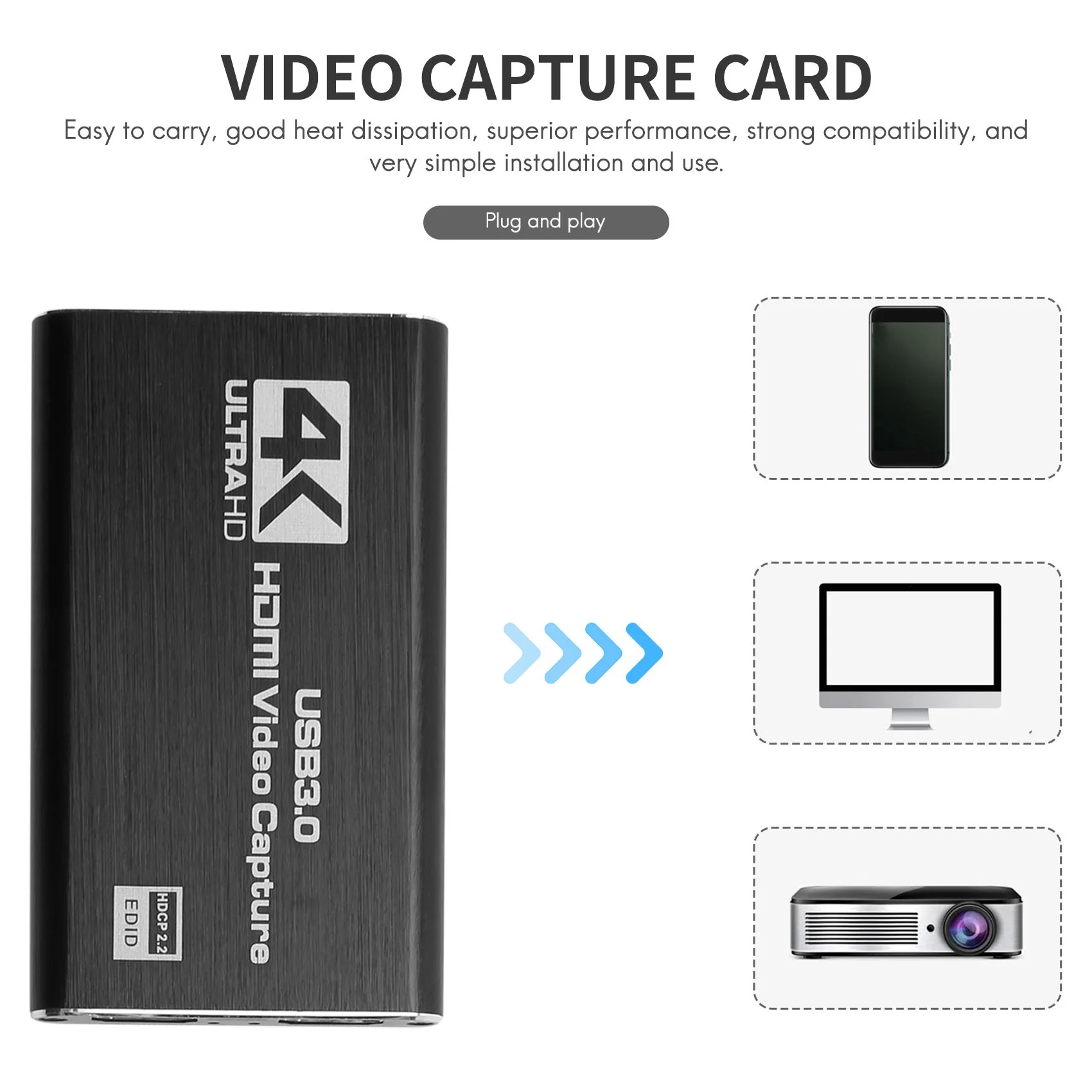 Audio Video Capture Card, 4K USB 3.0 Capture Adapter Video Converter voor Gaming Streaming Live Broadcast Video-opname