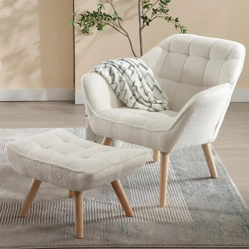 White Accent Chair with Ottoman, Modern Sherpa Armchair for Living Room Upholstered Wingback Chair Reading Chair with Footres