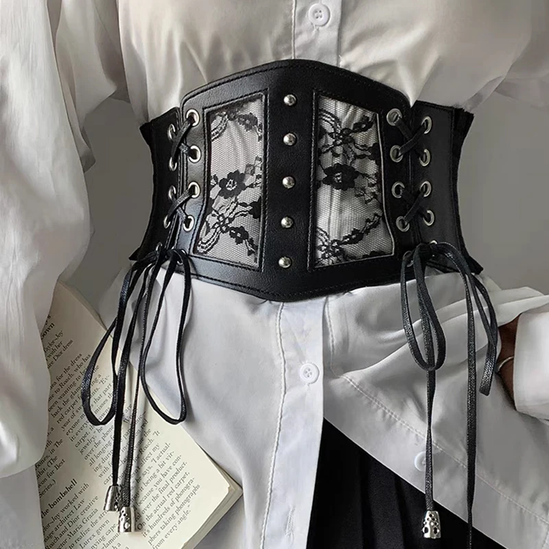 Elastyczne koronkowe pasy gorsetowe Plus Size dla kobiet Szerokie elastyczne pasy Cummerbunds Kobiecy gorset Goth Punk Dress Brązowy biały pas
