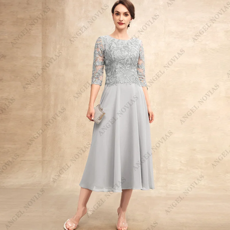 

Tea Length Silver Mother of the Bride Dresses with Sleeves Wedding Party Dress vestido para madre de la novia 2024