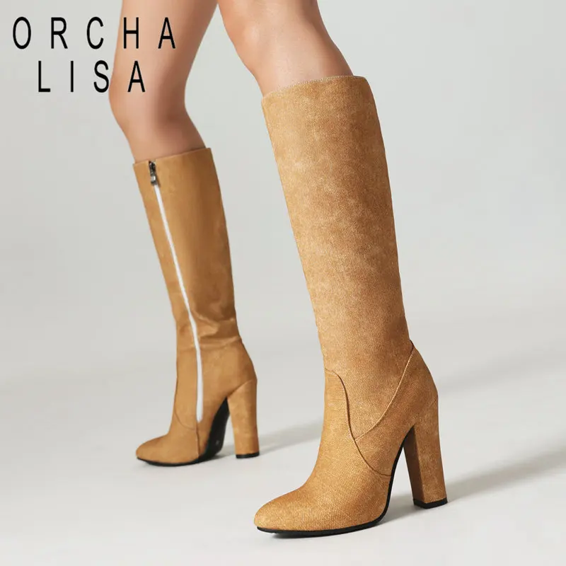 

ORCHA LISA Fashion Female Long Boots Pointed Toe Block High Heels 11cm Zipper Classic Dating Shoes Knee High Bota Plus Size 46