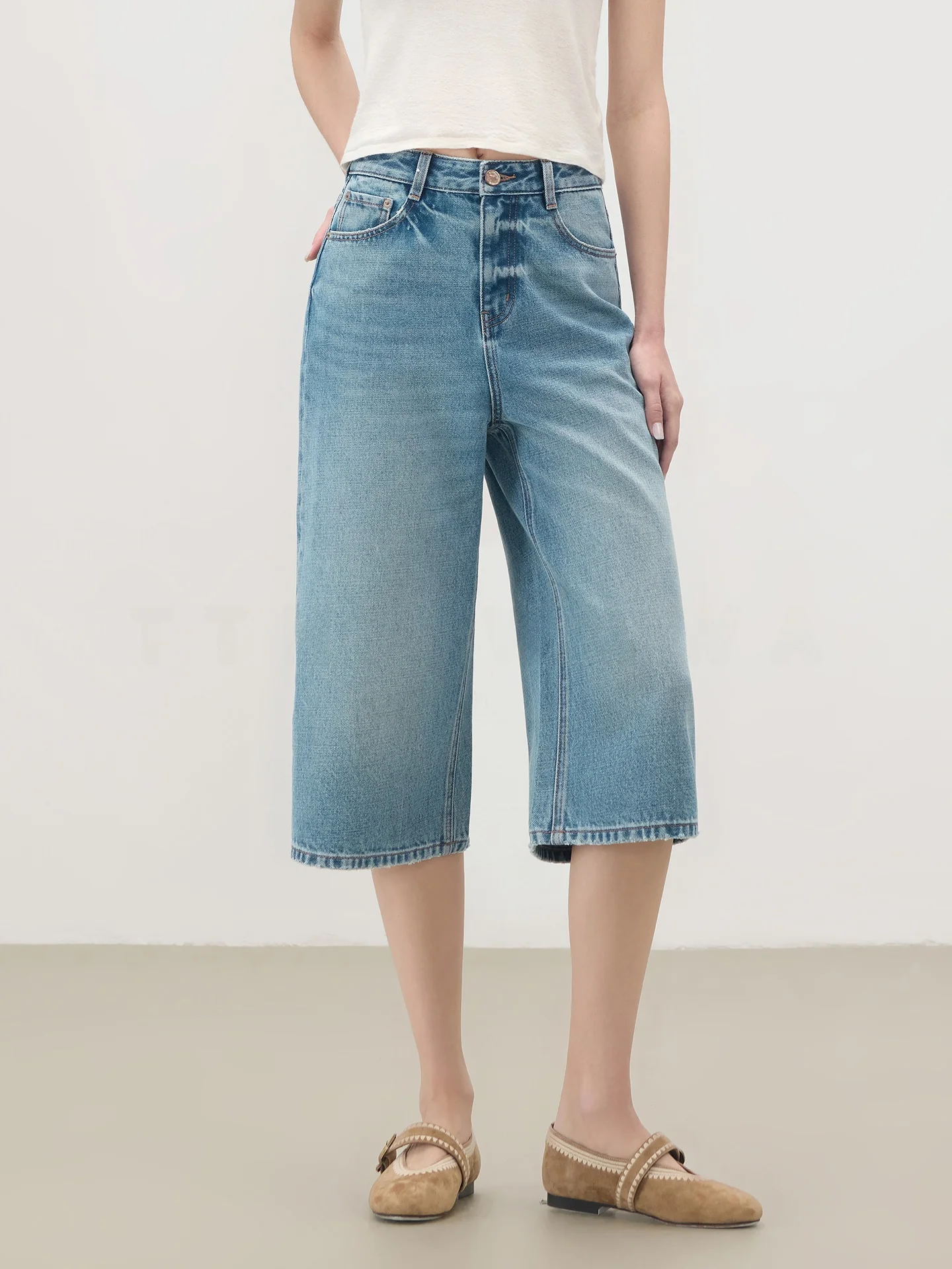 

Джинсовые шорты TTH WAWA с высокой талией, синие, женские, свободного кроя, весенняя новинка, широкие брюки-капри, не мнущиеся, сохраняющие форму