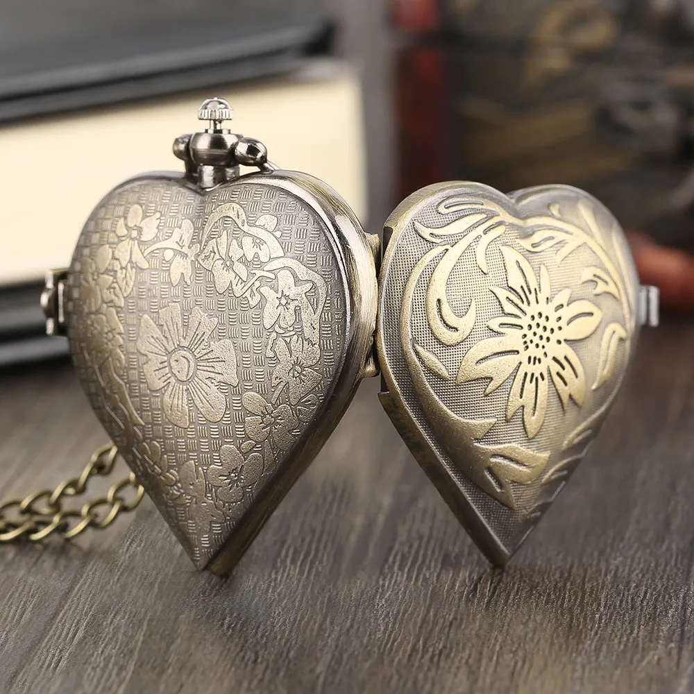 Vintage Elegant Heart Shaped Silver/Black/Bronze Necklace Watch for Lady Lovely Girl Necklace Pendant Pocket Clock Birthday Gift