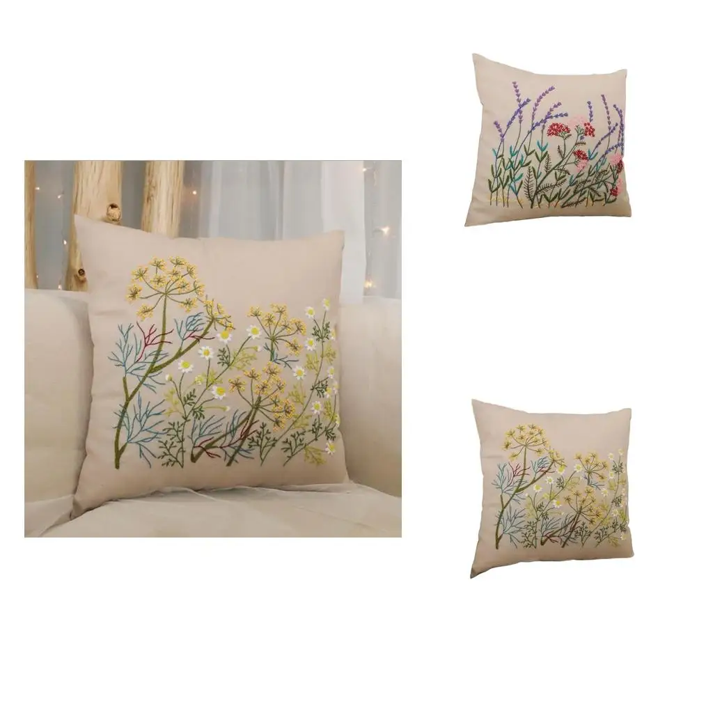Embroidered Kit for Beginners Pillow Cover Set with Chamomile Lavender Design Diy Embroidery Kit for Home Decor Adults