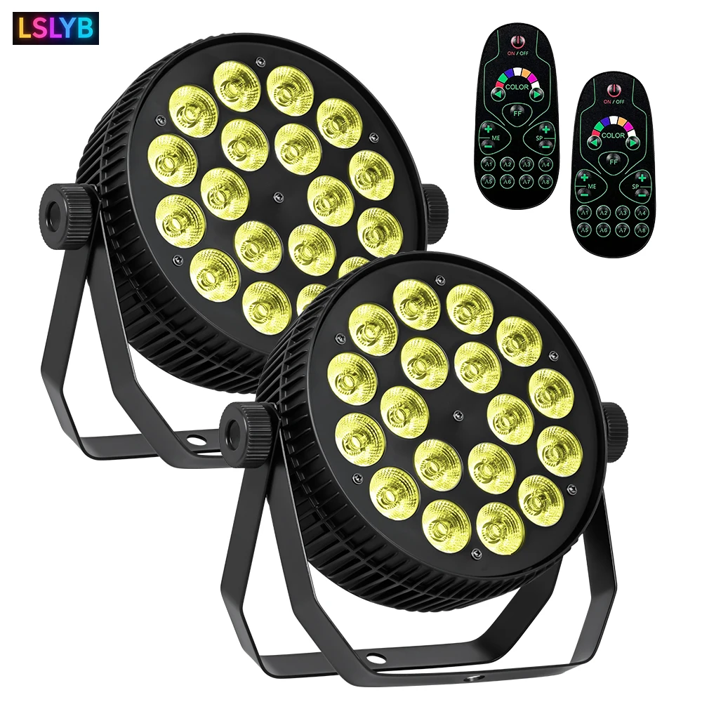 

2 PCS Aluminum 18x18w RGBWA+UV 6in1 Par Light Ultra-thin Flat Par Light Disco Party Stage Atmosphere Lamp With Remote Control