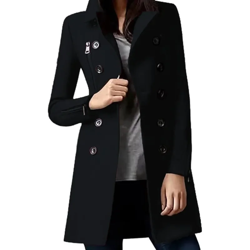

2025 NEW Autumn and Winter New Long Woolen Women's Coat Cuffs Zipper Jacket Double-breasted Multi-pocket