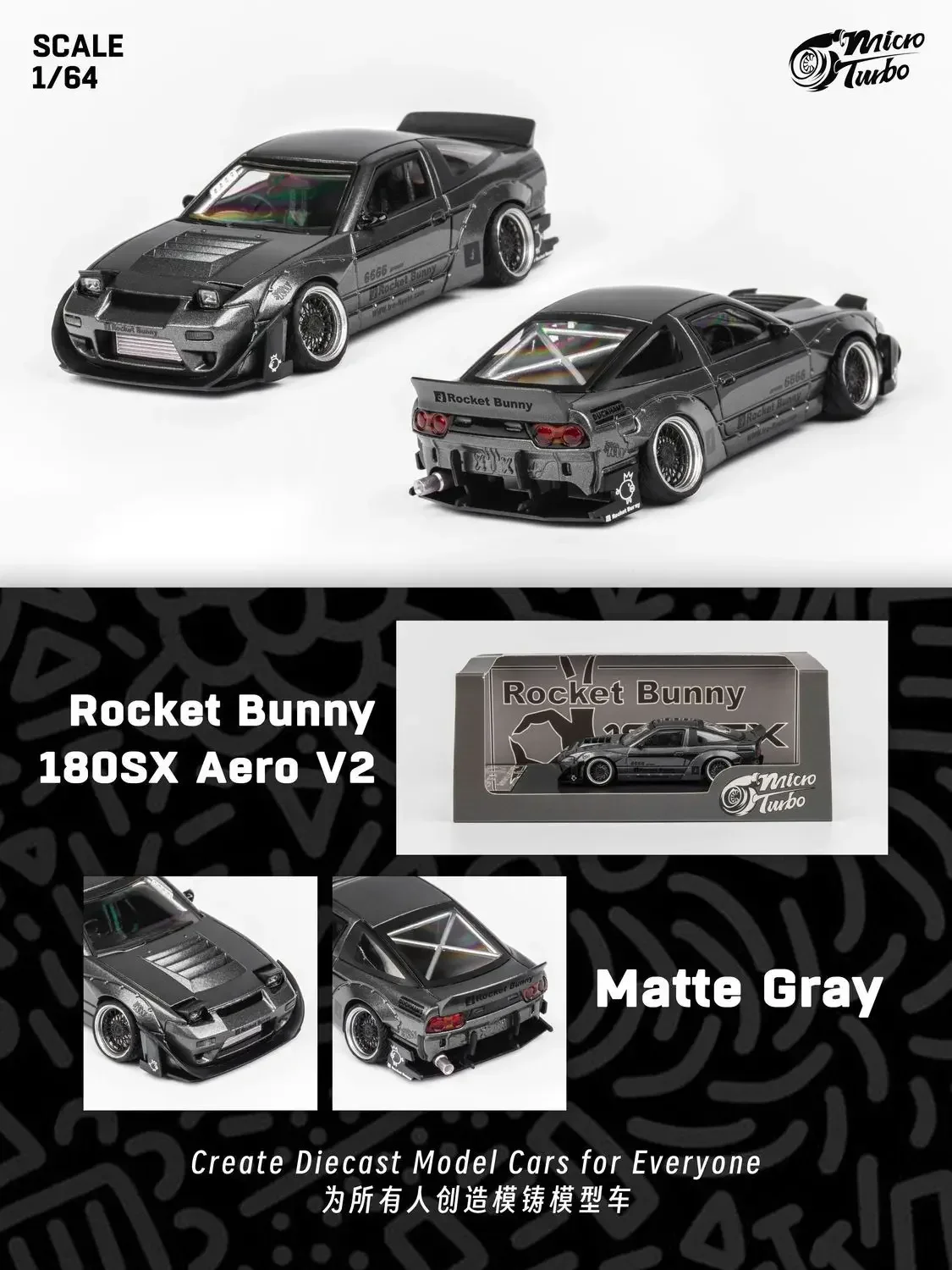 Micro Turbo 1:64 180SX Rocket Bunny Matte Grey limited999 Diecast Model Car