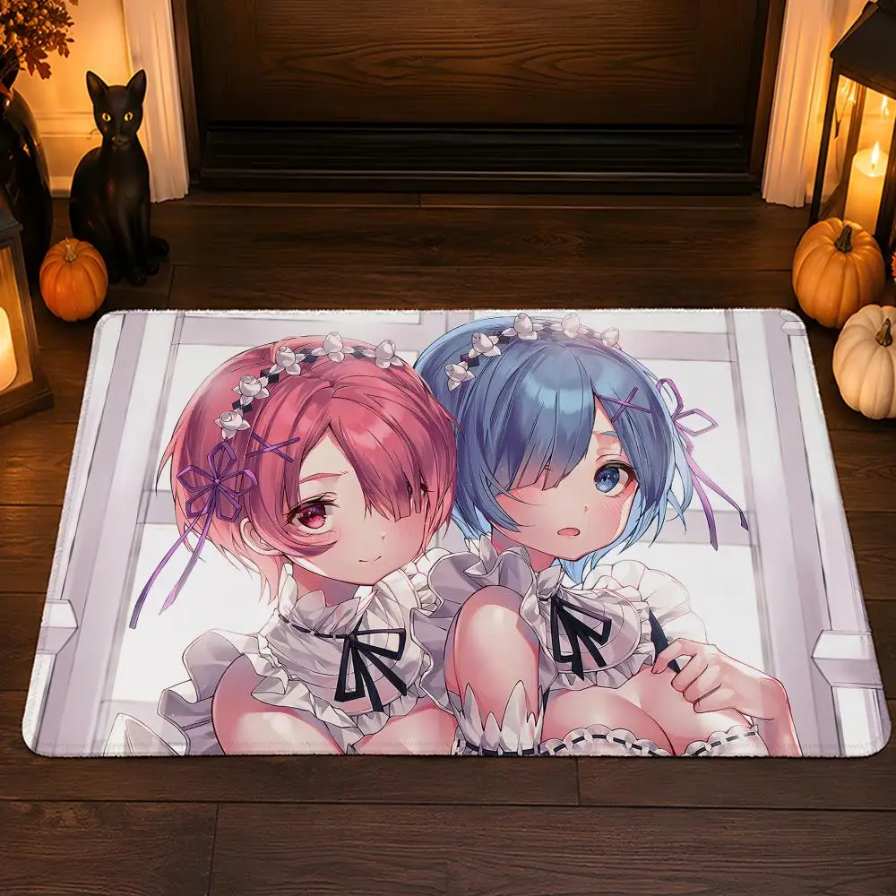 R-Rem & R-Ram Anime Floor Mat Flannel Rug Soft Non Slip Washable Door Mat For Bathroom Bedroom Kitchen Home Decor