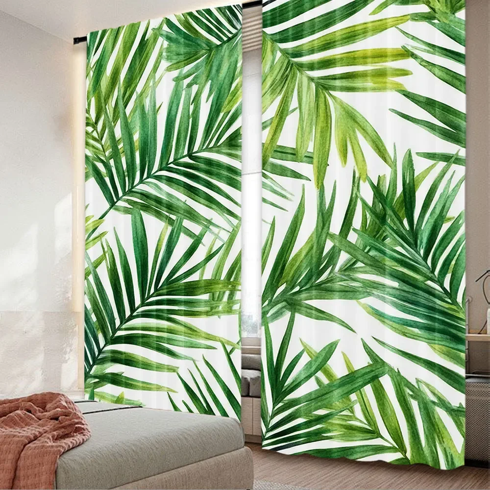 

Tropical Palm Leaf Blackout Curtains with Fresh Green Leaves Print, Light Blocking for Bedroom and Living Room Decor