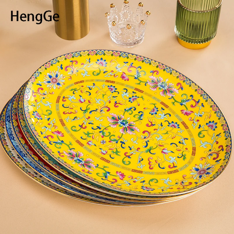 Enamel Colored Ceramic Plate Large Size Fish Plates Elliptical  Hotel Restaurant Tray  Chinese Retro Style Household Tableware