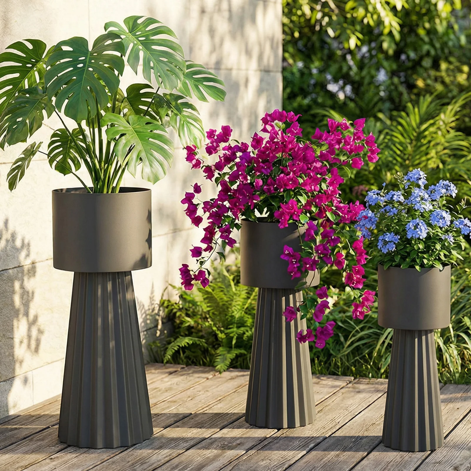 

US 3pcs Metal Plant Pots with Stand Indoor Outdoor Tall Flower Pots 9.1in 10.6in 11.8in Living Room Corner Kitchen Office Garde