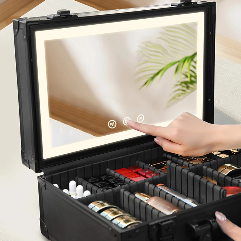 Portable, convenient, and large capacity storage for professional artists. Makeup case with advanced LED mirror