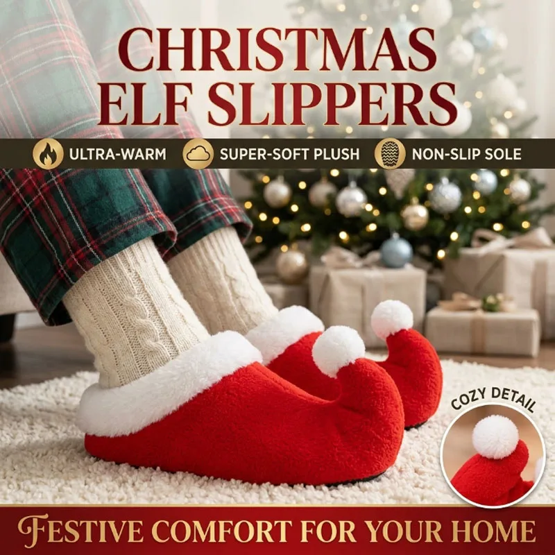 Santa Elf Slippers Cute Red Cartoon Cotton Warm Plush Cozy Non-Slip Xmas Holiday Winter Party New Year Gift for Women Men