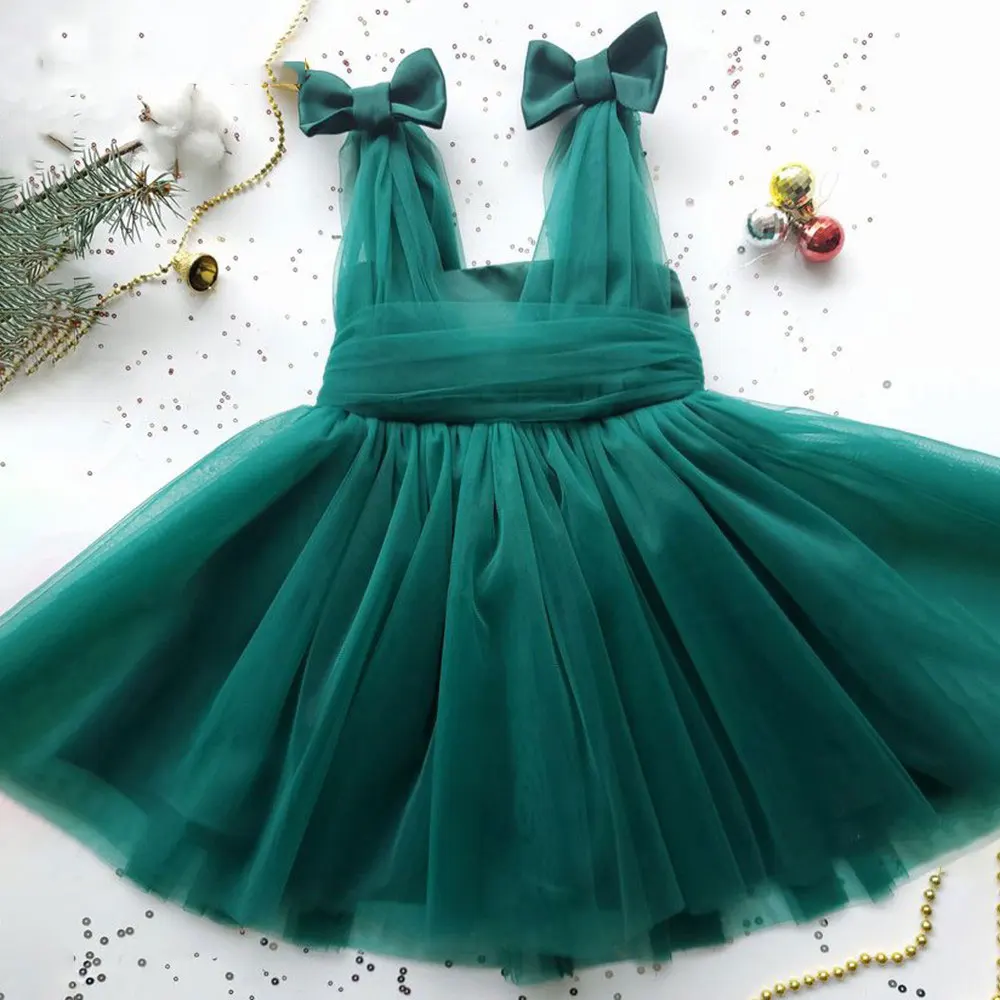 Simples tule vestido da menina de flor aline sem mangas menina vestido de princesa cetim arco menina vestido de aniversário do bebê vestido de menina de ano novo 2022