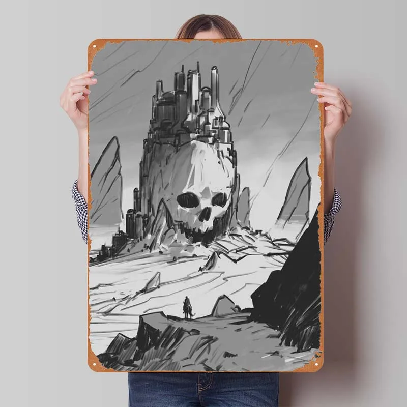 City on a Rock Skull Metal Poster Art of Murals Metal Signs Vintage for Wall Decoration Decor for Room Tin Sign Man Cave Retro