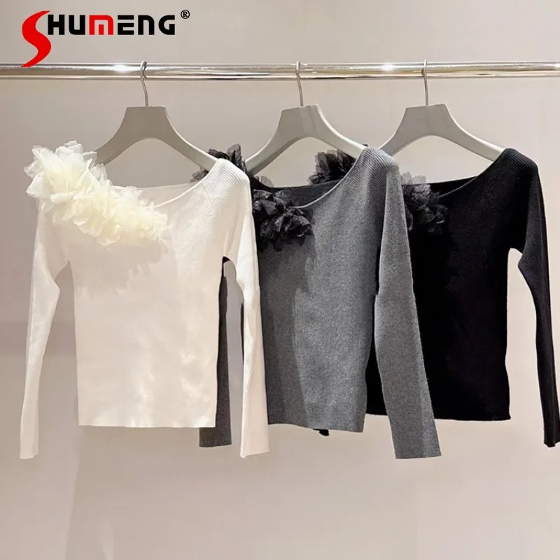 

2024 Autumn New Women's Clothing Knitwear Pullovers Sweet Tulle Splicing A-line Collar Off-the-shoulder Slim-fit Knitted Sweater