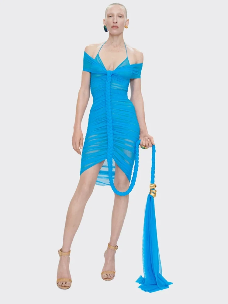 فستان مكشكش شبكي أزرق منسوج مثير - فستان حفلات برقبة رسن مكشوف الأكتاف مع فتحة عالية شفافة للحفلات والنوادي #3