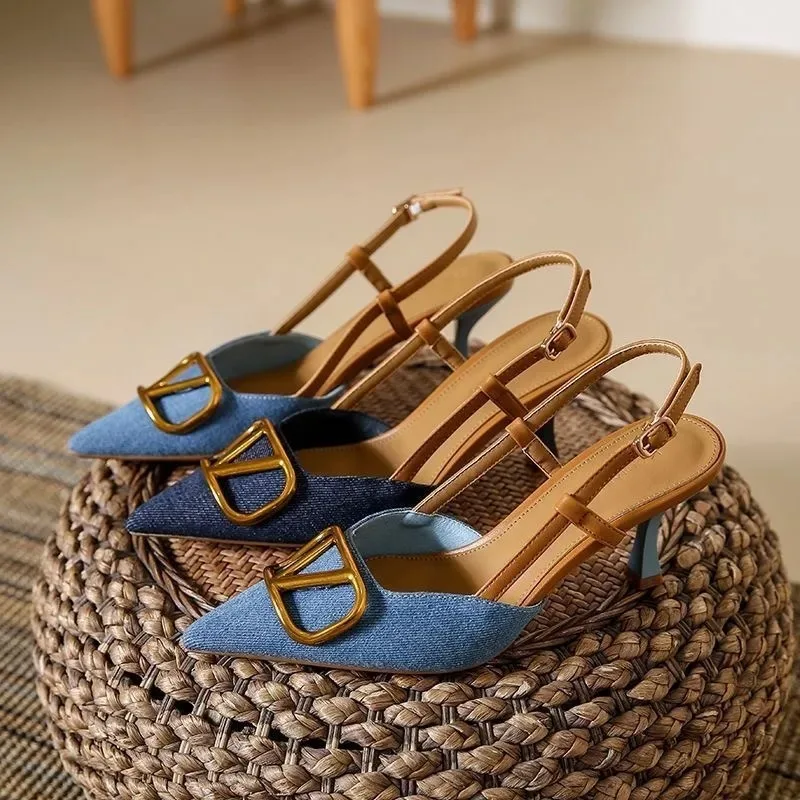 NOVEDAD DE VERANO 2021, zapatos de tacón alto Retro, boca ligera francesa, cabeza puntiaguda, tacón fino, Sandalias de tacón alto de mezclilla para mujer, cabeza de bolso