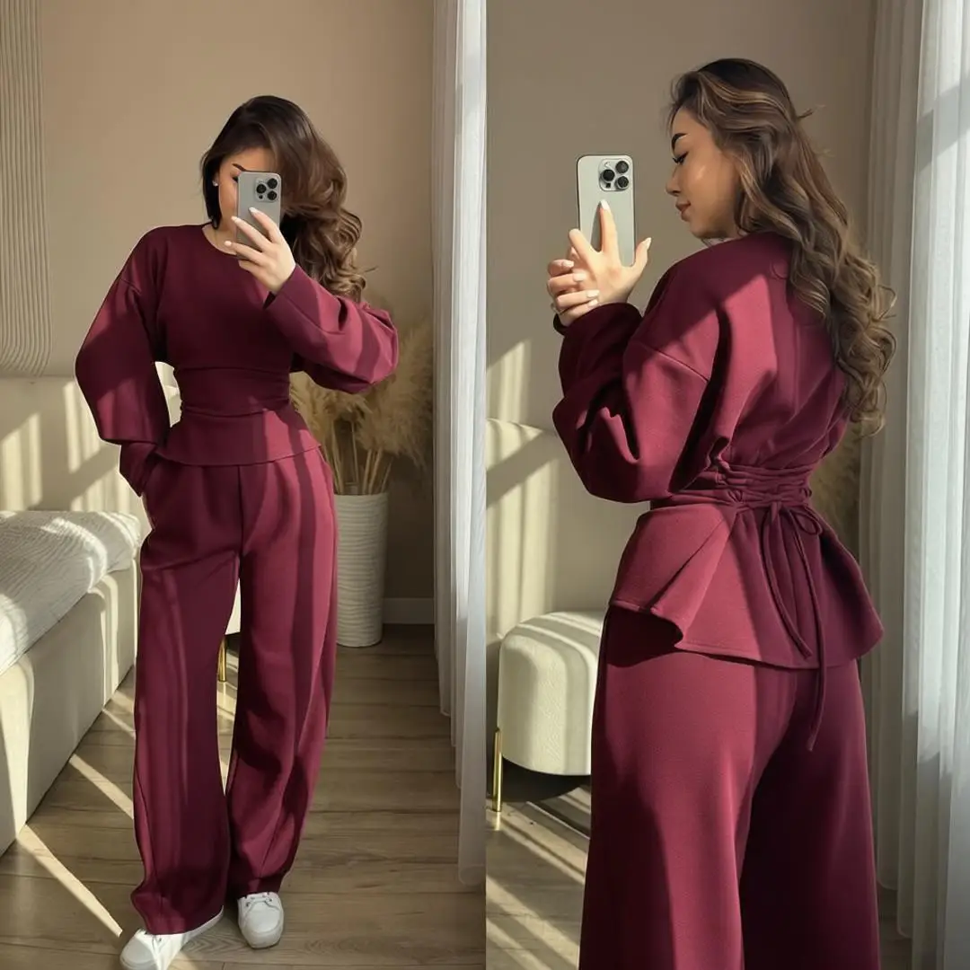 Spring Autumn Women Suit 2-piece Set O-neck Bandage Pullover Top Slim Wide-leg Pants Lace-up Long-sleeved Hoodie Sweatpants New