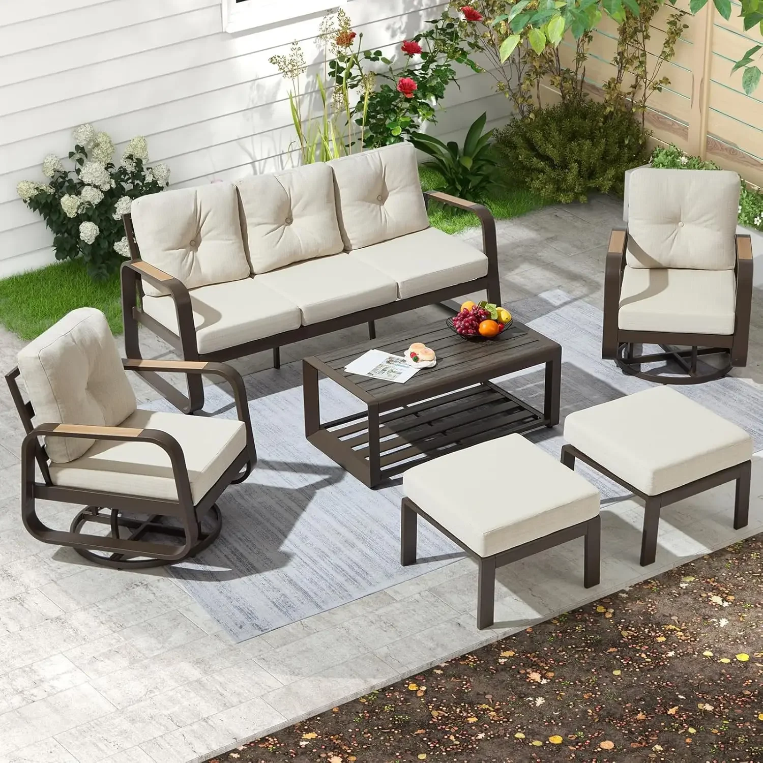 Metal Modern Patio Furniture Set with Coffee Table Outdoor Luxury Conversation Sofa Set with Swivel Chairs