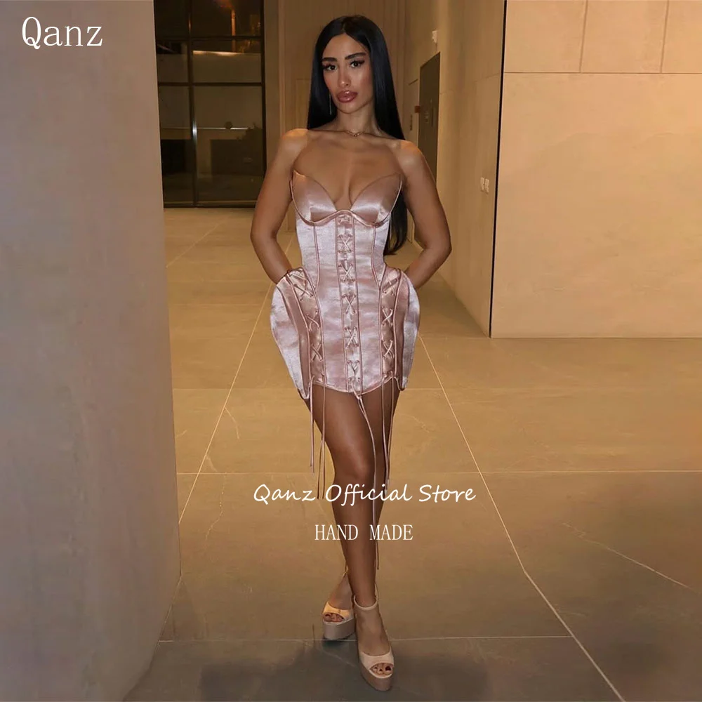 Qanz Sexy Blush Pink Prom Dress Sweetheart Satin Mini A Line Birthday Dresses For Woman Backless Vestidos De Festa Customized