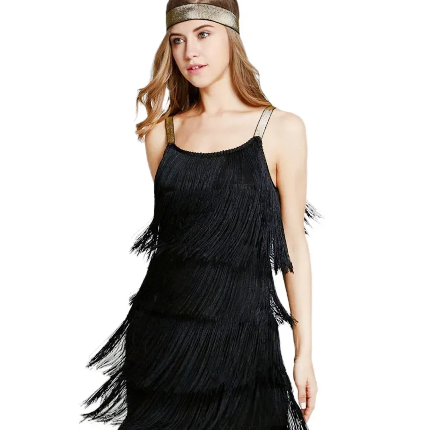 

Women Solid Sleeveless Evening Party Dress Summer Beach Tassel Clothes Flapper Strap Short Dress O-Neck Low Cut Fringe Dresses