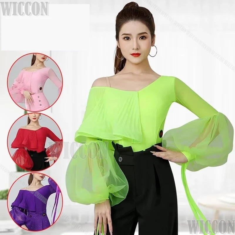 High end Dance Clothes Sloping Shoulder Pleat Puff sleeve Jumpsuit Ballroom Dance Clothes 2024 New Dance Top Customized