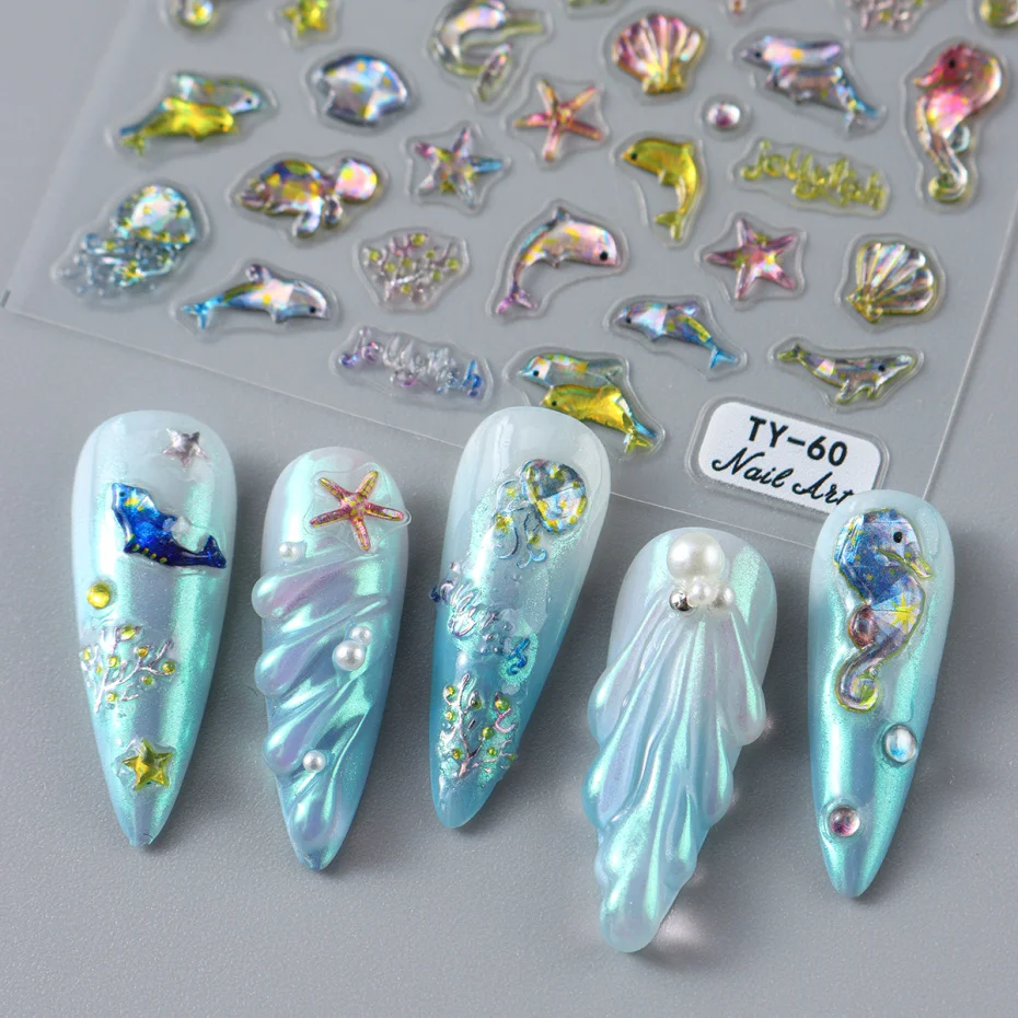 5D น่ารัก Dolphin สติ๊กเกอร์เล็บ SHINY Seashell ปลาดาว Ocean สัตว์ออกแบบฤดูใบไม้ผลิฤดูร้อน Jelly กาว Decals ตกแต่งเล็บ