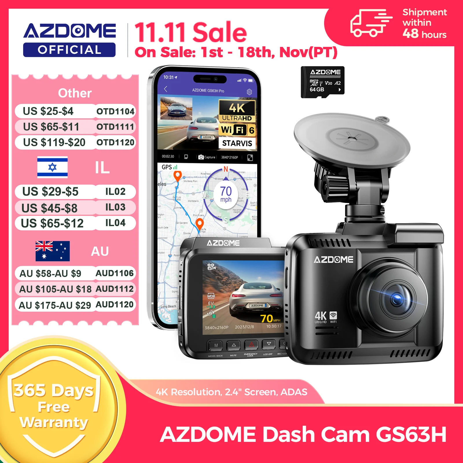 Dash Cam 4K Sony Starvis - AZDOME GS63H ダッシュカムデュアルレンズ4 uhd録画カーカメラdvrナイトビジョンwdr内蔵のgps wi-fi gセンサーモーション検出