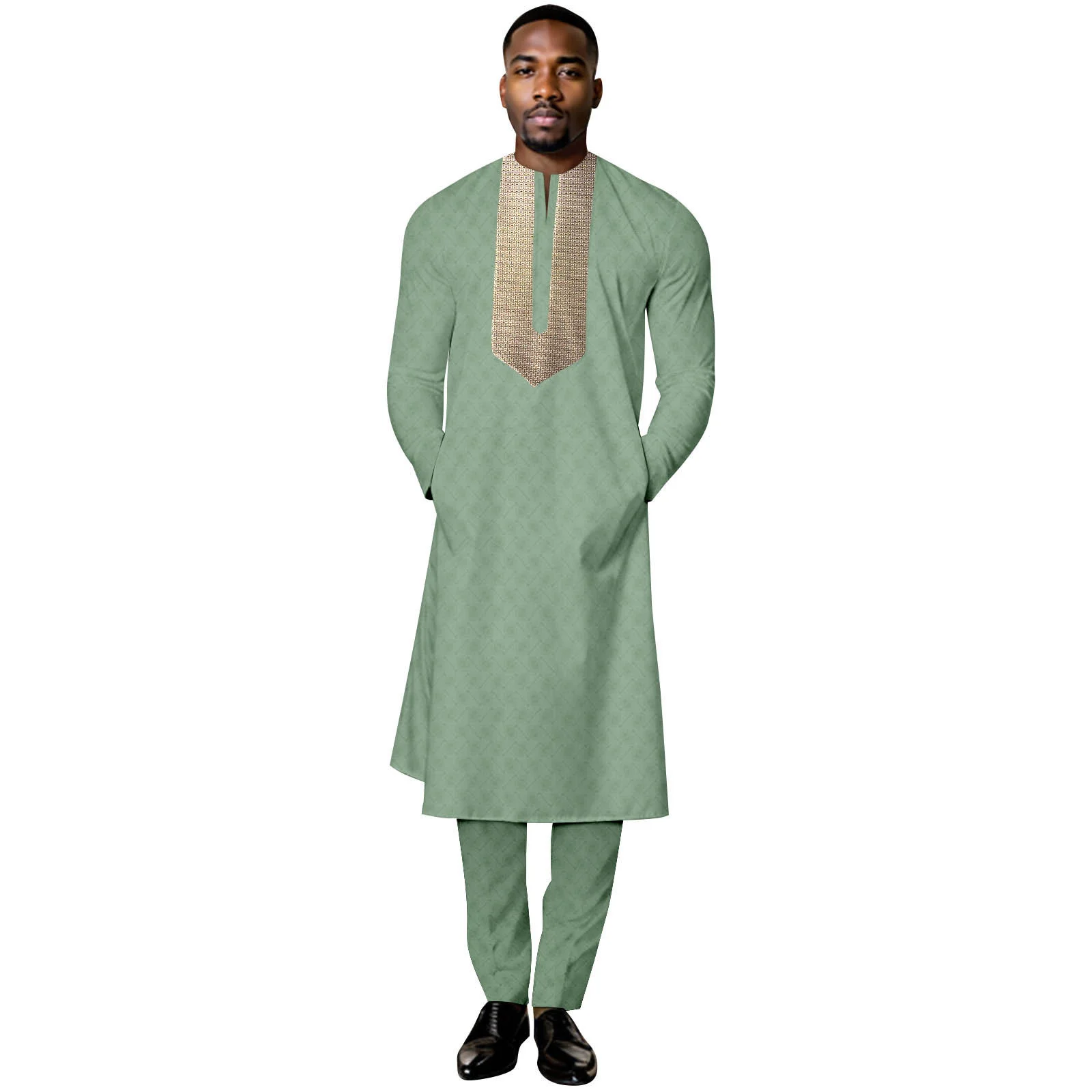 New Fashion 2 Pcs Set Men Thobe Muslim African Suits for Men  Dashiki Clothes O-neck Shirt Robe Pants Church Wedding Wear