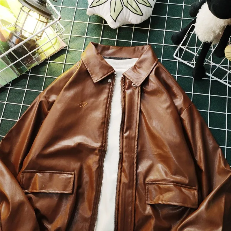 

Men's Autumn Winter PU Leather Jacket Lightweight Windbreaker Bomber Coat for Outdoor Activities Brown Oversized Flight Jacket​
