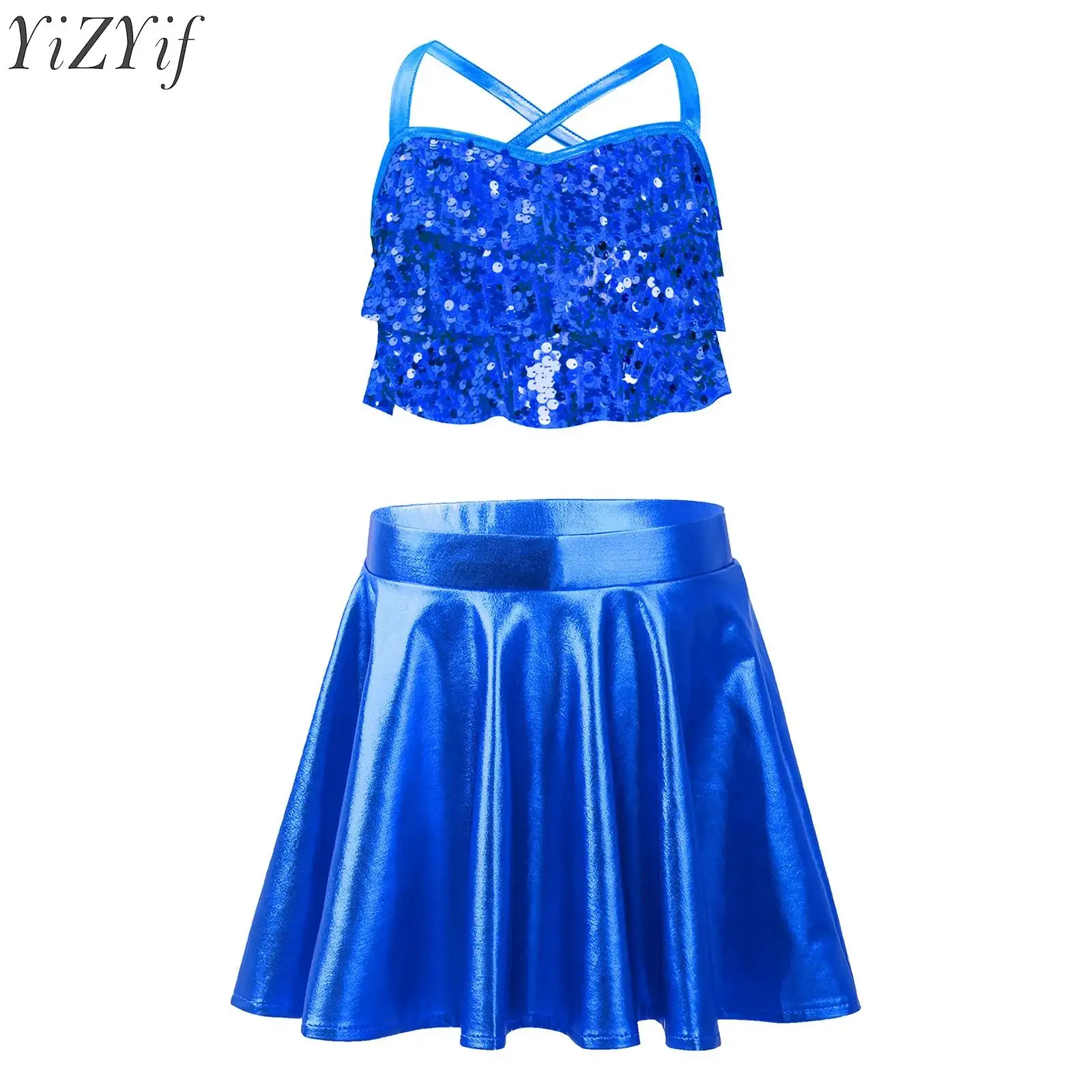 

Kids Girls Latin Jazz Dance Sets Cross Back Sequins Tiered Ruffles Crop Top with Metallic Skirt Outfits for Stage Performance