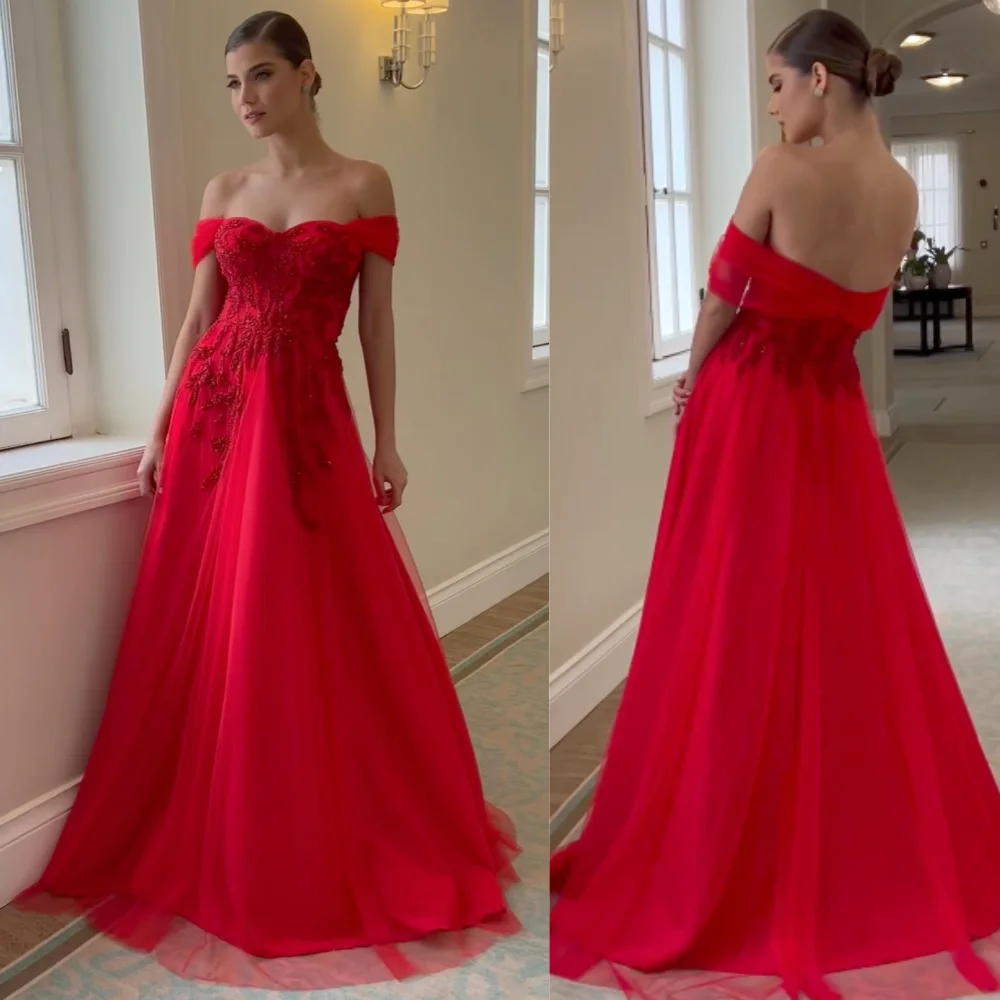 Customized Tulle Sequined Cocktail Party A-line Off-the-shoulder Bespoke Occasion Gown Long Dresses