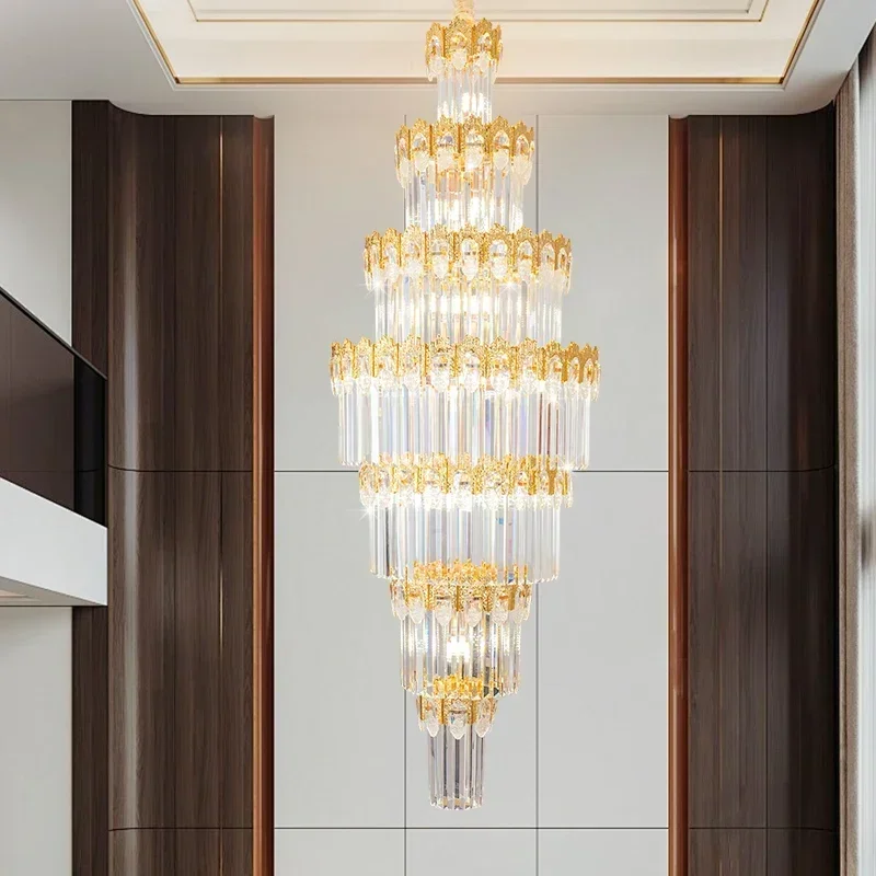 Duplex Chandelier Rotating Staircase Long Chandelier Light Luxury Modern Villa Hollow High Living Room Loft Crystal Lighting