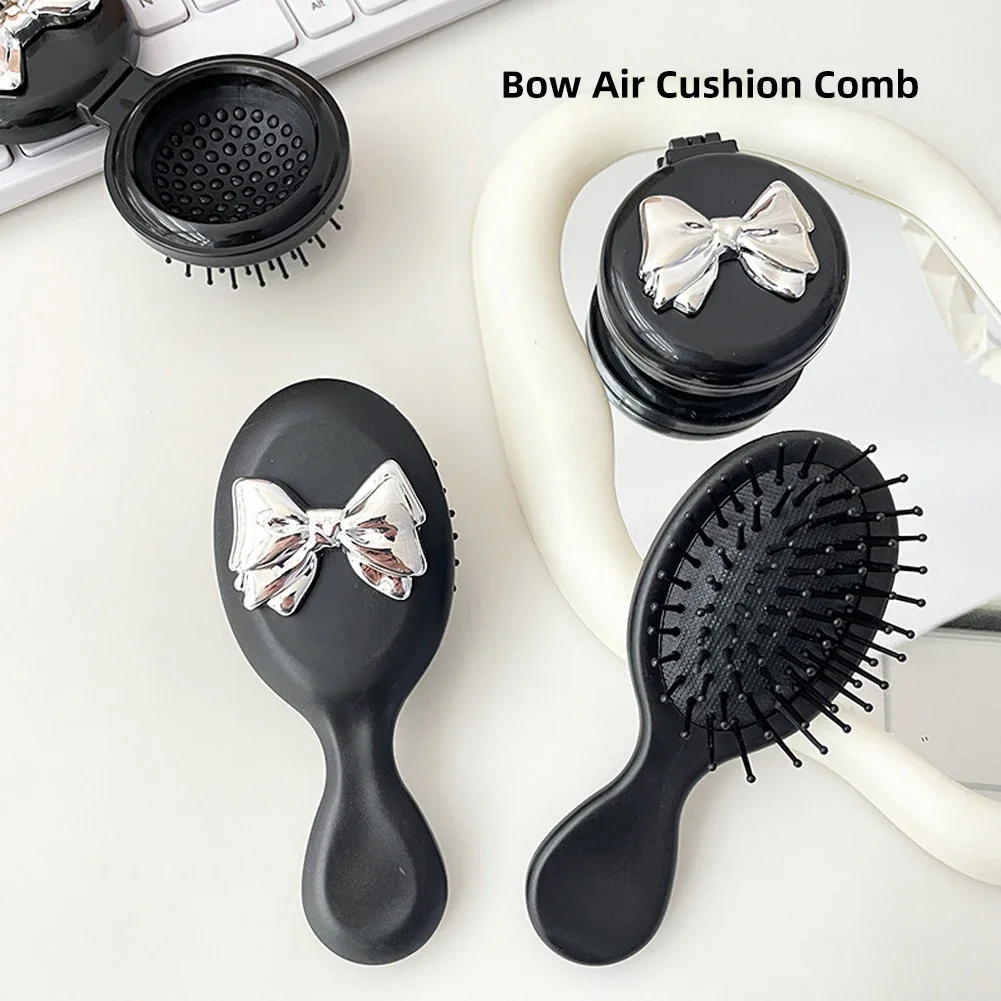 Cute Folding Massage Comb With Makeup Mirror Travel Portable Plastic Airbag Small Comb Hair Brush Bow Tie Air Cushion Comb