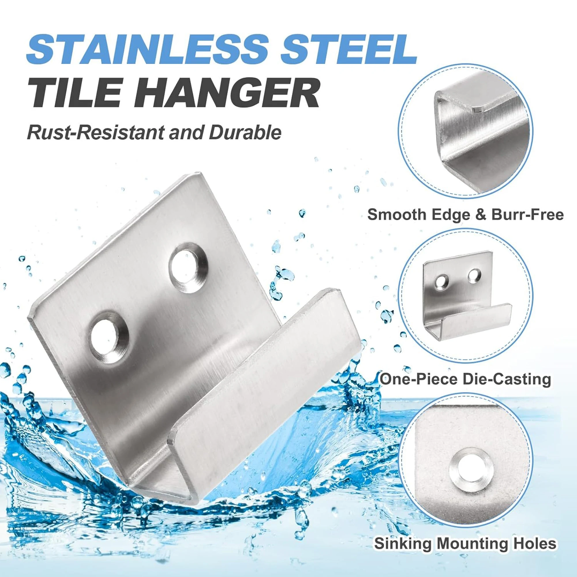 Stainless Steel Tile Hook Bracket Fastener Heavy-Duty Wall Mounted Flat J-Shaped Clamp Wall Bracket, Suitable for Ceramic Tiles