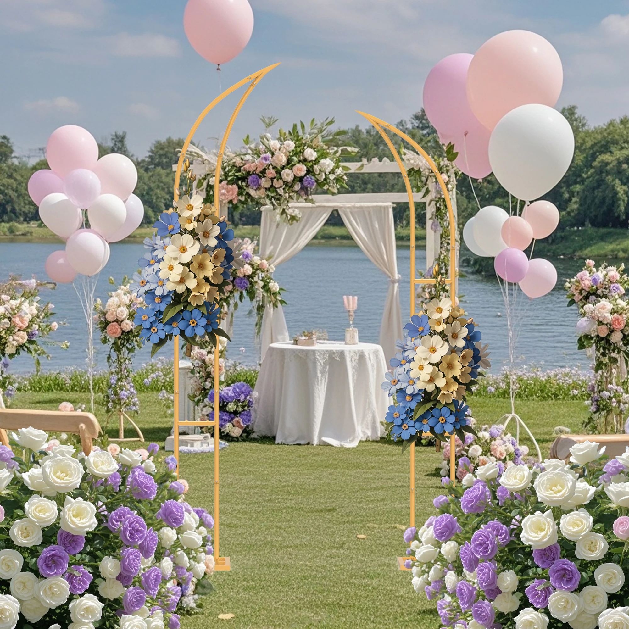 Large Curved Gold Metal Wedding Arch Stand, 6.9ft and 6.2ft Party Arch Stand with Rectangular Base, Used for Birthday Parties, Gift-Giving Events, Anniversary Celebrations, Indoor and Outdoor Event Decorations