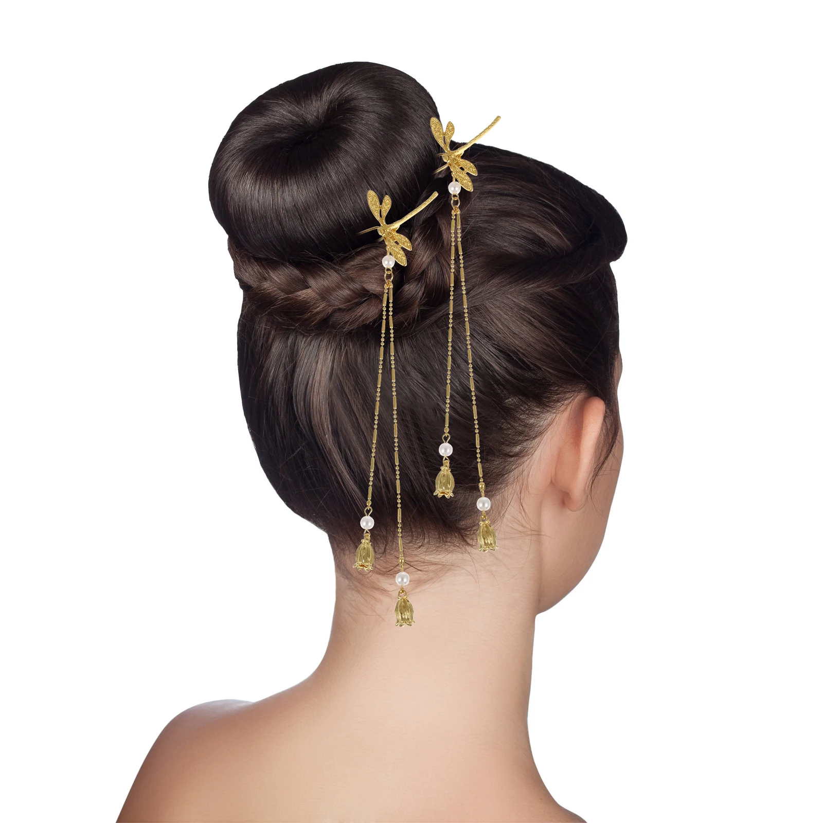 

2 Pcs Hair Sticks Retro Dragonfly Tassel Design Golden Color Bun Pins for Long Hair Accessories Wedding Banquet Party