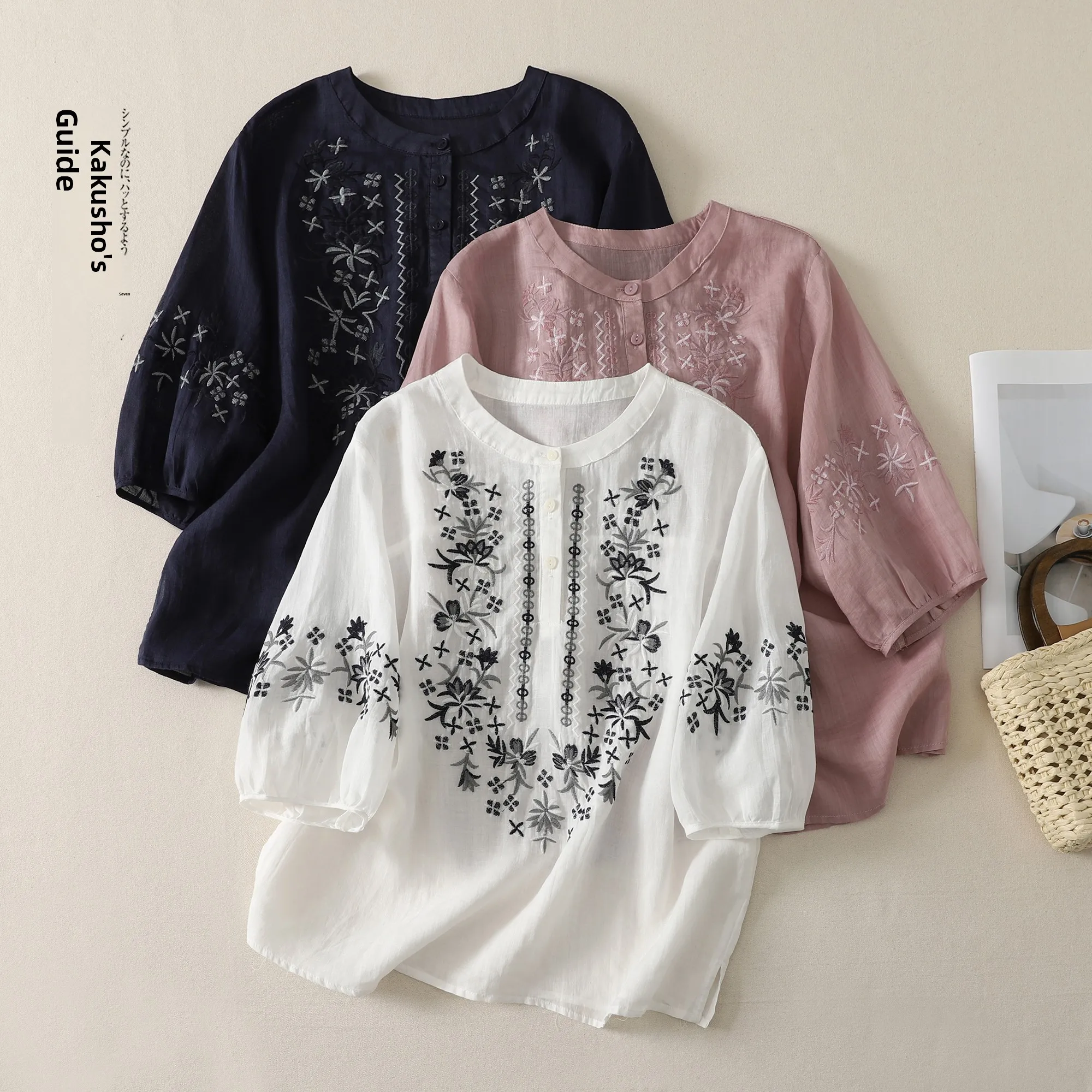 

plus Size Women's Cotton Linen Short Sleeve Embroidered Shirt Overhead Summer New Style Breathable Comfortable Loose Fit Blouse