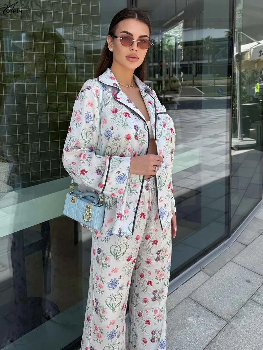 

Oymimi Casual White Print Woman 2 Piece Set Outfit Fashion Patchwork Long Sleeve Pockets Shirts And Straight Trousers Female Set