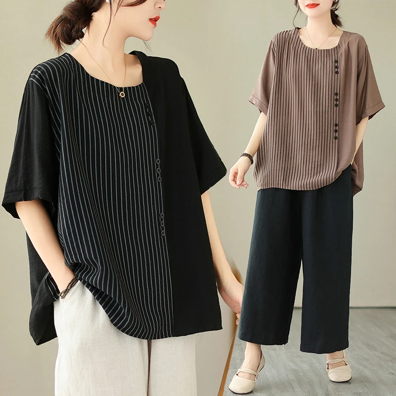 

plus Size Women's Striped Patchwork T-irt ort Sve Slimming Top Korean Sle Commute Faion Summer New Arrival