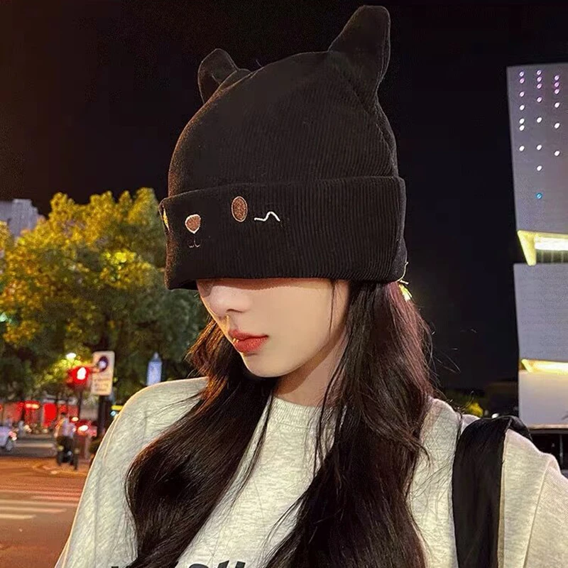 Cute Cartoon Cat Ears Hats Women Winter Warm Korean Knitted Hat Female Soft Outdoor Windproof Version Pullover Beanies Caps