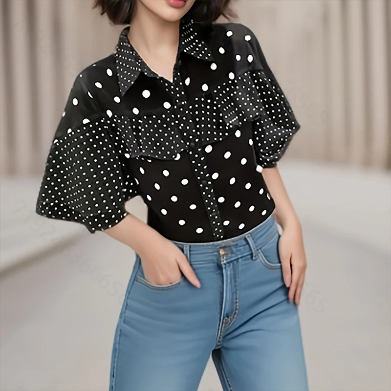 Temperament Polka Dot Short Sleeve Chiffon Shirts Women Fashion Spliced Ruffles Lapel Crop Top Summer New Single-Breasted Blouse