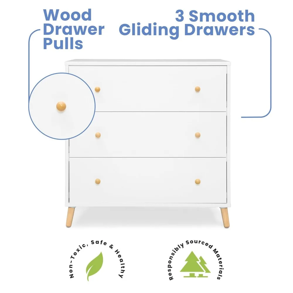 3 Drawer Dresser with Interlocking Drawers, Bianca White/Natural Suitable for Bedrooms and Children's Rooms